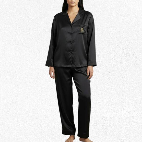 Lauren Ralph Lauren Black Embroidered Crest Satin Pajama PJ Set Size 2X NWT - Picture 2 of 16